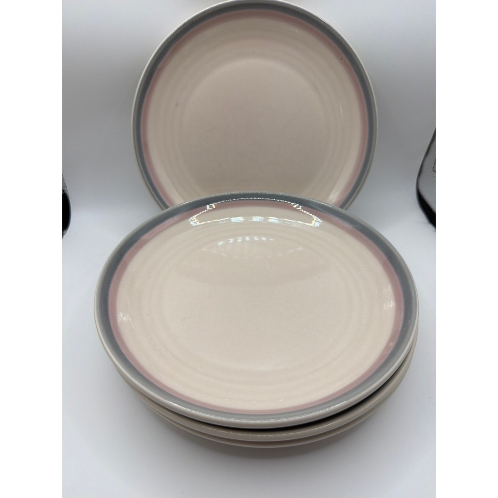 4‎ Pfaltzgraff Aura Pink Salad Plates Vintage 7" Blue Rim